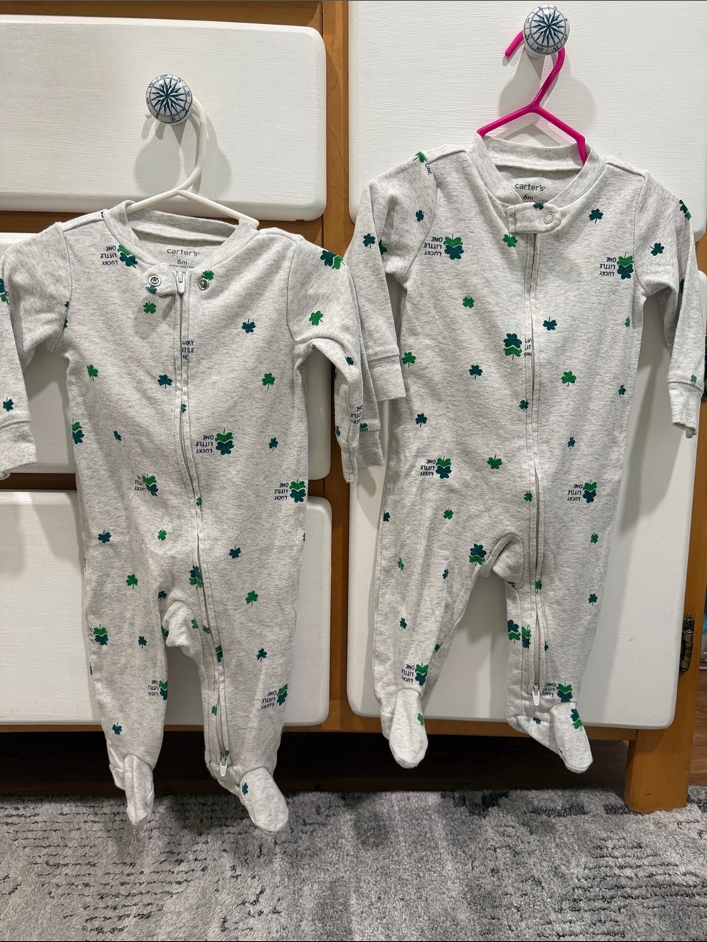 Twin set. Carter's Light Gray Footed One-Piece Pajamas with Green Shamrock Print